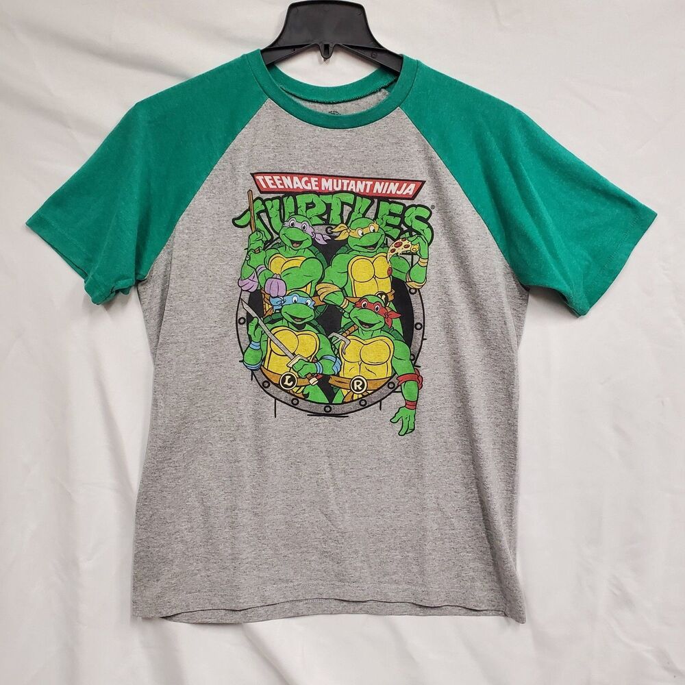 Teenage Mutant Ninja Turtles Shirt Mens L Gray Green Raglan Tee Nickelodeon